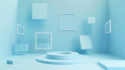 Platform with Geometric Shapes in an Isolated Soft Blue Background