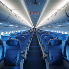 Fototapeta premium Interior of airplane with red seats and white ceiling. 3d rendering
