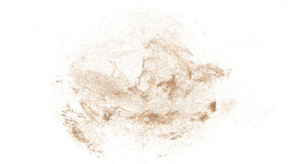 3D rendering of scattered sand granules or fine dirt on transparent background