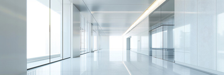 White and glass data center hallway with closeup of storage cabinets, blurred background