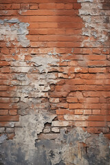Old Red Brick Wall with Cracked and Flaking Plaster Surface