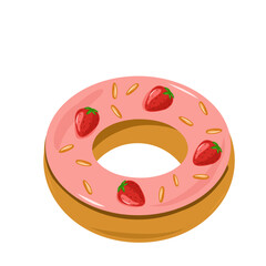 Vector art illustration of donut with strawberry sauce and strawberry topping on top, flat design