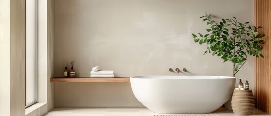 Fototapeta premium Spa-like bathroom with a soaking tub and minimalist design, perfect for relaxation and modern aesthetics, serene and clean