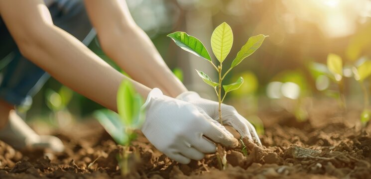 Group of people planting trees in a park, natural light, community conservation effort, promoting green initiatives, candid shot