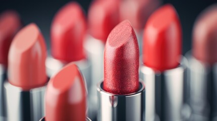 Close-up of lipsticks with glossy finish, high-resolution image showcasing the richness and texture of each shade, detailed and vibrant