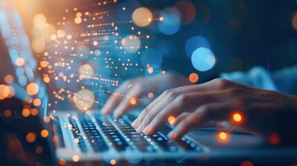 Close-up of hands on a laptop keyboard with digital interface overlay, vibrant bokeh lights, representing technology and innovation, bright and clear