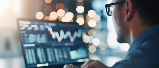 Business analysts using advanced software to interpret financial data, modern office environment, high-tech tools, and data visualization