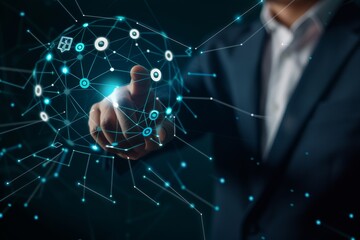Businessman touching global network icon, symbolizing connected communication in high quality photo