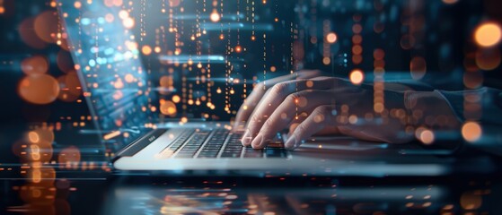 Business professional using a laptop with holographic financial charts, representing modern finance and technology, high resolution