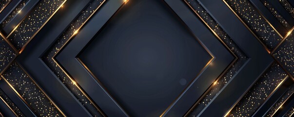 Dark blue geometric background with gold accents and sparkles