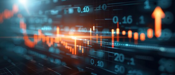 Fototapeta premium Binary code and upward arrows on a digital stock chart, highlighting market analysis and financial trends, modern and vibrant