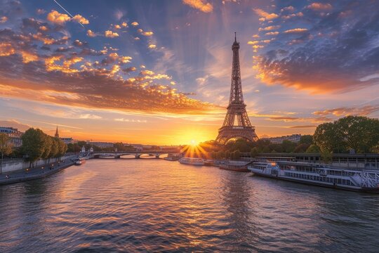 Paris eiffel tower and seine river at sunset in high quality, iconic landmark in france