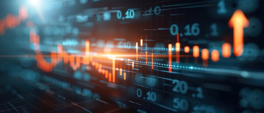 Binary code and upward arrows on a digital stock chart, highlighting market analysis and financial trends, modern and vibrant - Powered by Adobe