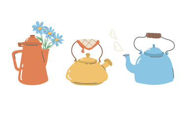 Set of retro teapots. Cozy utensils for the kitchen. Vector kettles for tea time