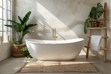 Fototapeta premium Minimalist modern bathroom with a white freestanding bathtub and natural decor