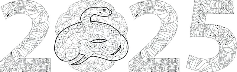 Zentangle stylized snake number 2025 for coloring. Hand Drawn lace vector illustration