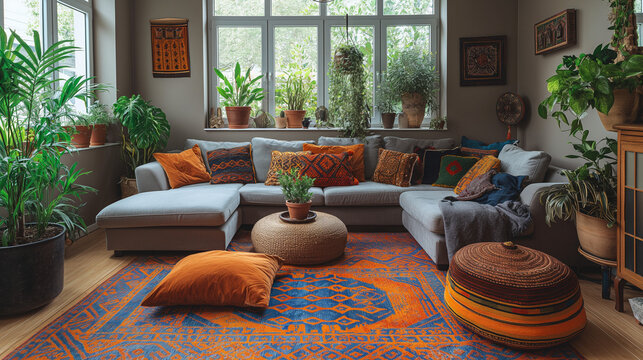 A cozy bohemian living room, rich textures and patterns, a mix of colorful and neutral tones, comfortable seating with throw pillows, lots of plants, large windows with natural light,