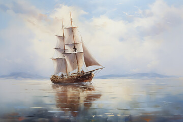 Fototapeta premium Sailing ship in the sea at sunset. 3D illustration.