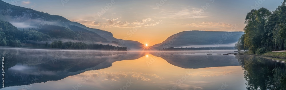 Wall mural Mountain Lake Sunrise With Foggy Reflection in the Early Morning Hours