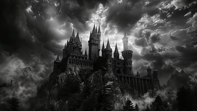 A haunted castle looming over the countryside its turrets reaching towards the dark sky like skeletal fingers.
