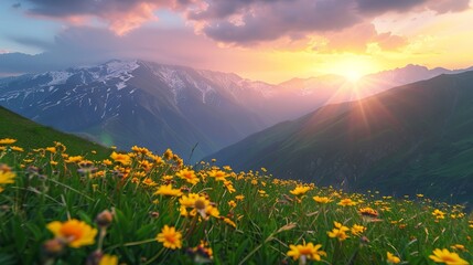 Sunset over Vibrant Svaneti Mountains with Yellow Flowers and Sunbeams