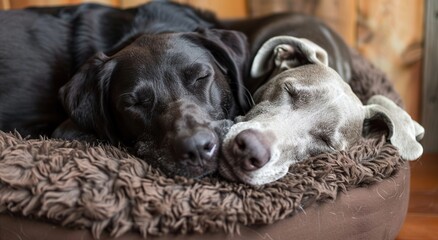 Obraz premium Two black and brown dogs sleeping together on a dog sofa bed at home. Shallow depth of field.
