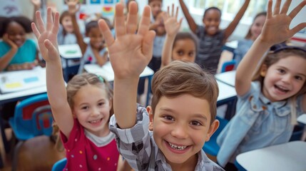 Fototapeta premium Happy young students in a classroom raising their hands, eager to participate in learning activities. Vibrant and engaging educational environment.