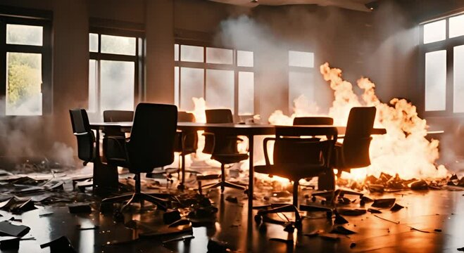 The office meeting room caught fire due to an electrical short circuit.