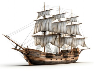 Vintage sailboat, sail ship isolated on white background.