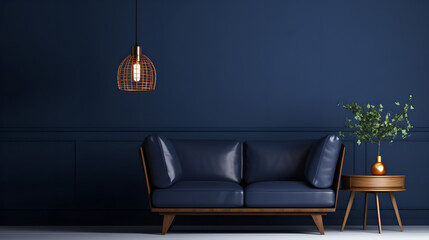 Stylish living room with blue sofa, gold pendant light, and side table against a navy blue wall, showcasing modern interior design. Concept of elegance, comfort, and contemporary decor.
