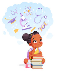 African American school girl dreaming of a career in science. Cartoon vector illustration.