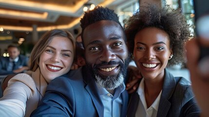 Fototapeta premium A happy multicultural group of male and female business people taking a selfie together, representing teamwork and collaboration in a modern office setting.