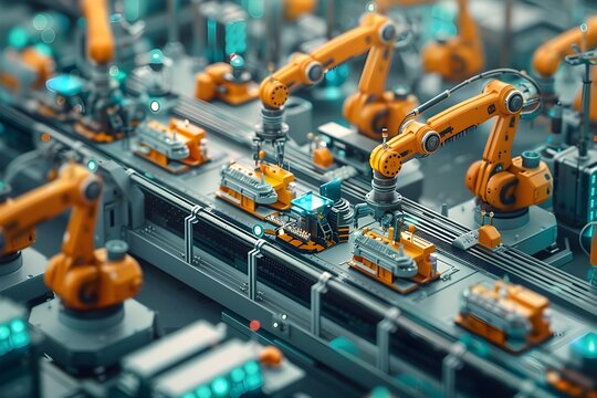 Construction and technology, 3D flat design, tilted angle view of an innovative factory floor with robotic arms assembling products, bold colors, minimalist design,  strong visual depth