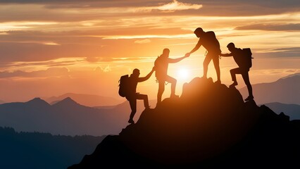 Fototapeta premium Team of climbers assisting each other to reach the peak during a vibrant sunset, symbolizing teamwork and perseverance. Trust Unity Determination and Success. Climbers Achieving Their Goal Together.