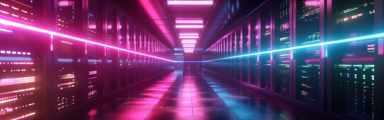 Illuminated Server Room Corridor With Pink and Blue Neon Lights