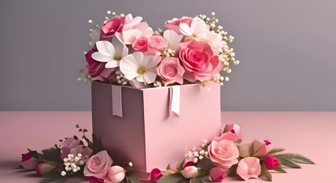 Elegant gift box with flowers. Minimalist design for any celebration