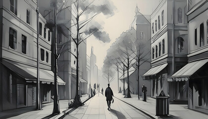 Obraz premium Minimalist sketch perspective Exteriors of sidewalks, Drawing pen with oil pastels on digital art concept.