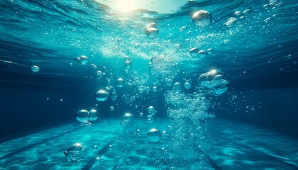 Obraz premium serene underwater scene with bubbles rising to the surface. The sunlight filters through the clear blue water, creating a peaceful and tranquil atmosphere