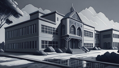 Minimalist sketch perspective Exteriors of schools, Drawing pen with oil pastels on digital art concept.