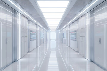 Obraz premium High-tech data center with rows of server cabinets and white walls, viewed from the front. Bright light illuminates the space, creating an atmosphere of technology innovation