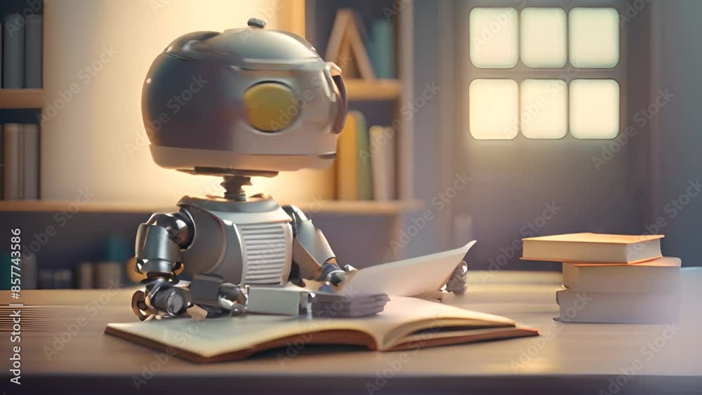 Poster Robot Reading Book in Library Generative AI