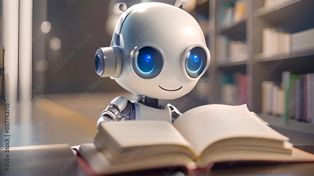 Poster robot reading book in library generative ai