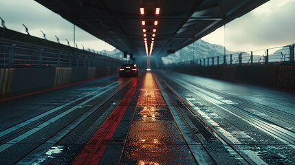 Obraz premium Red and White Race Track With Sky Background, The tension and adrenaline in a sport car racing stadium