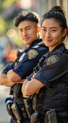 Fototapeta premium Two police officers stand together in uniform, arms crossed