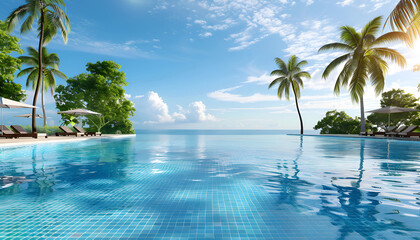 Image of an infinity pool at a luxury resort, vacation, relaxation, travel, swimming pool, infinity pool, coconut tree, tropical, resort, sky, clouds, water, landscape, AI-generated.