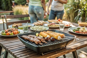 Obraz premium Close-Up Of Backyard Barbecue With Grilled Food In Outdoor Setting