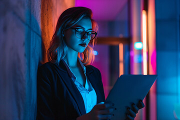 Photo of a businesswoman holding an open laptop in her hands, standing against a wall with blue lighting,