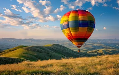 Fototapeta premium Serene Hot Air Balloon Flight Over Rolling Hills