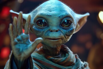 Close-Up of a Realistic Alien Model Waving Hello