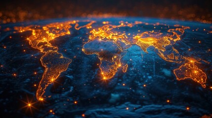 Fototapeta premium Illuminated Network Connections Spanning Across a Stylized Global Map at Night